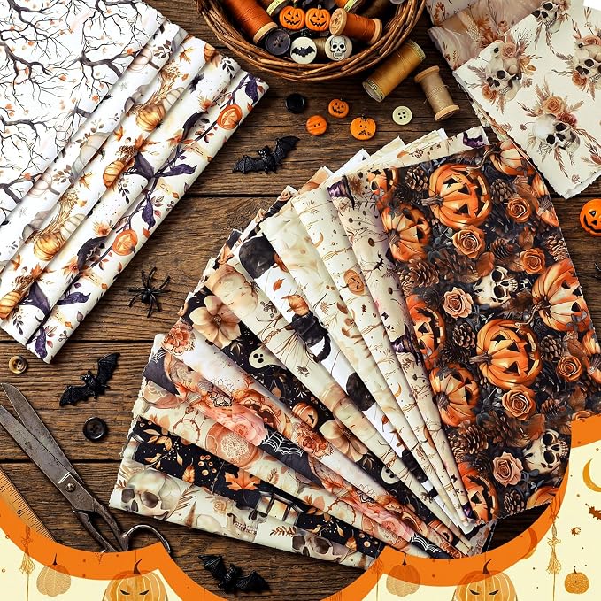 HunnmingRe 20 Pcs 10''x10'' Boho Halloween Quilting Fabric Square Spooky Ghost - Image 3