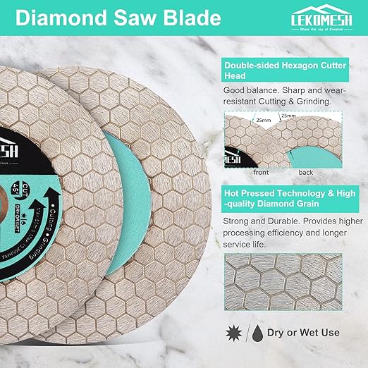 Tile Blade 4.5"/115mm - 2pcs Diamond Saw Blade Hexagon Design for Cutting and Grinding Granite Marble Ceramic Porcelain Tile,Arbor 7/8"-5/8"
