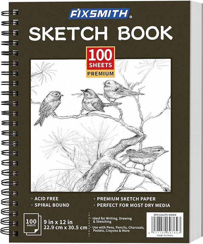 FIXSMITH 9"X12" Brown Sketch Book, 100 Sheets Spiral Sketchbook, Acid Free by FIXSMITH