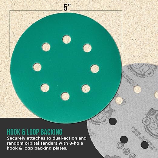 Dura-Gold Premium 1500 Grit 5" Green Film Sanding Discs, 8-Hole Pattern, Box of 50 - Dustless Hook & Loop Backing Sandpaper for DA & Random Orbital Sander, Detail Color Sand Auto Paint Wood Furniture