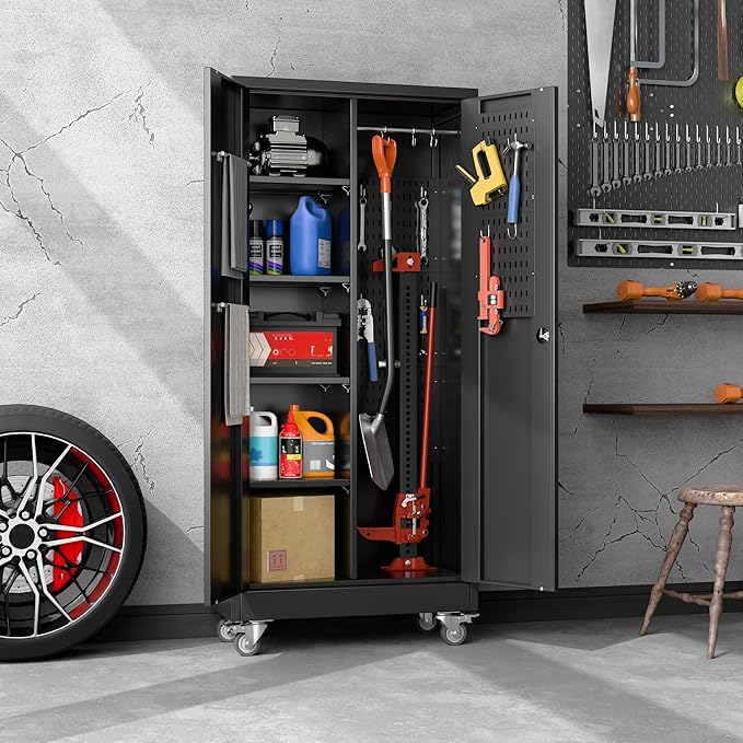 61.7" H Broom Storage Cabinet Closet with Wheels and Doors,Rolling Tool Cabinet with Pegboard,Adjustable Shelves and Rod for Garage Warehouse Home,Required Assembly,Black