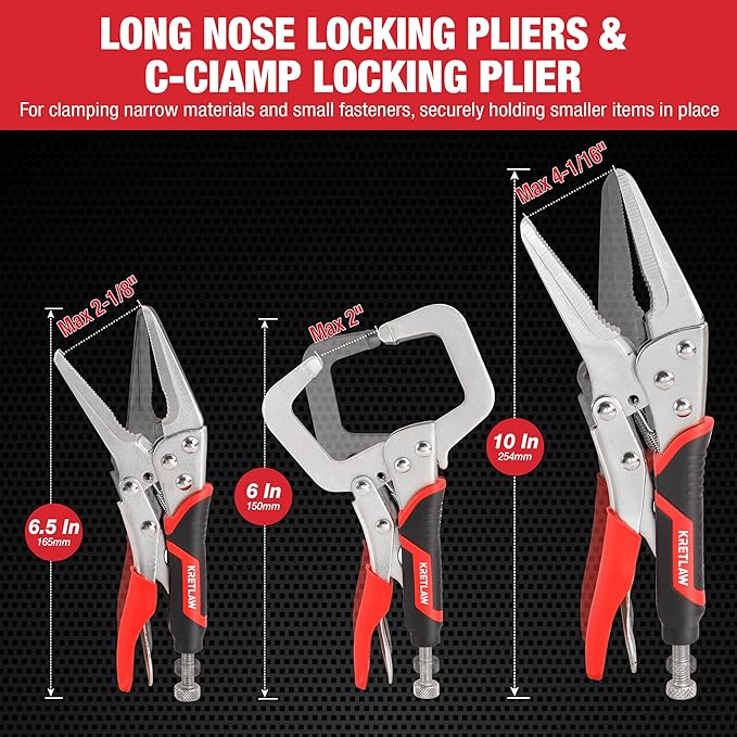 Vice Grips Pliers Set - 6-Piece Set Including 6-1/2" & 9-1/2" Long Nose, 5", 7" & 10" Curved Jaw, 6" C-Clamp Locking Pliers With Rolling Pouch