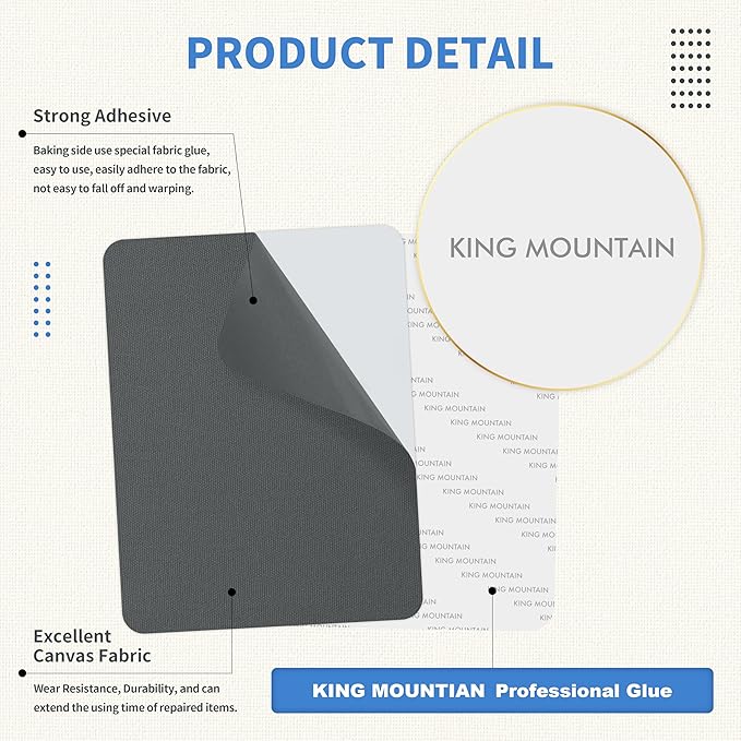 KING MOUNTAIN Canvas Repair Patch 9 x11 Inch 2 Pcs Self-Adhesive Waterproof Fabric Patch for Sofas, Tents, Furniture,Tote Bags, Car Seats (Dark Grey 2.0)
