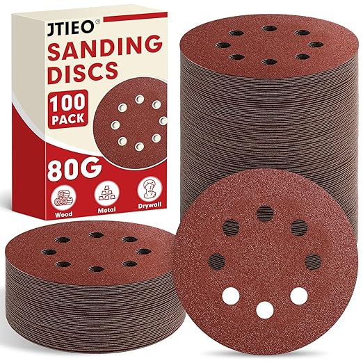 JTIEO 5 Inch Sanding Discs – 100 PCS 80 Grit Sandpaper Assortment, Hook & Loop Orbital Sander Pads, Round Sanding Pads for Random Orbital Sanders