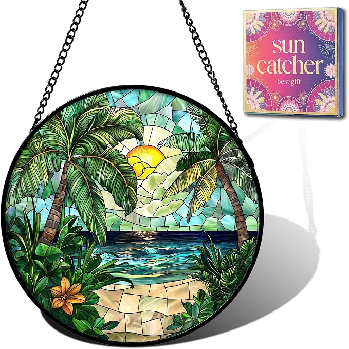 Sunset Beach Acrylic Suncatcher Faux Stained Glass Window Hanging 11.8" | by Unknown