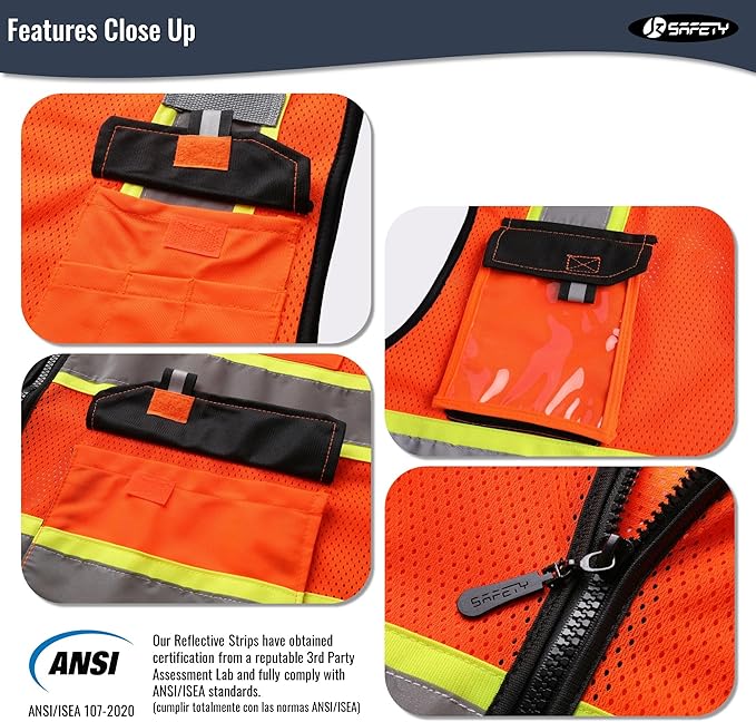 JKSafety Hi Vis Reflective Safety Vests for Men Women High Visibility Vest with Pockets Mesh Fabric Construction Safety Apparel Neon Vest for Work (220-Orange XL)