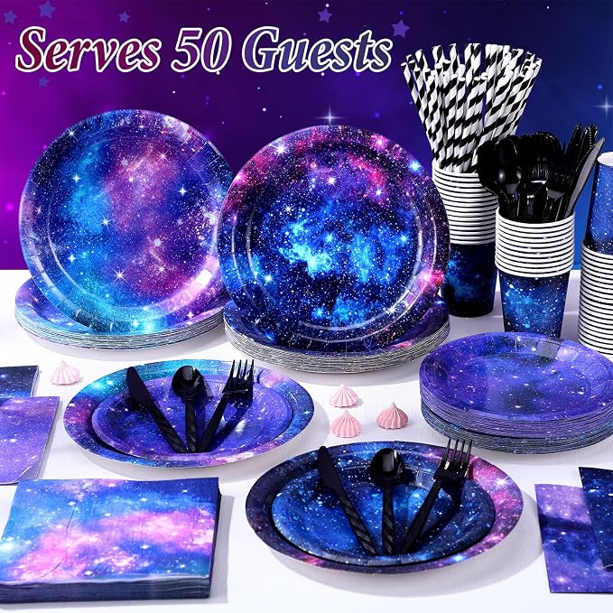 450 Pcs Space Galaxy Tableware Set Decorations, Starry Sky Paper Plates Napkins - Image 6