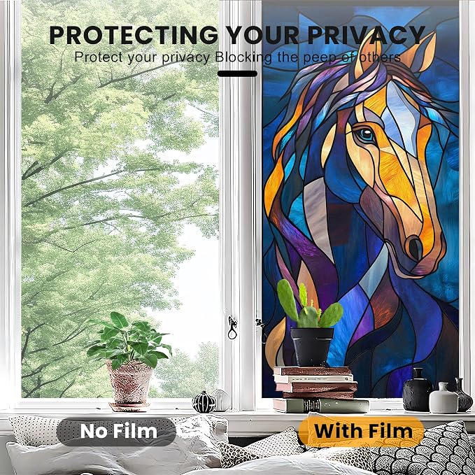 Stained Glass Window Privacy Film: Non-Adhesive Sun and Landscape Mosaic Design - Image 5