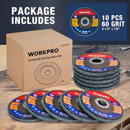 WORKPRO 10-Pack Flap Discs, 4-1/2-inch, Arbor Size 7/8-inch, T29 Zirconia Abrasive Grinding Wheel and Flap Sanding Disc, Includes 60 Grits