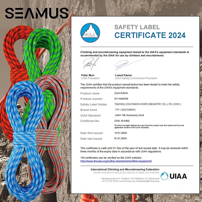 SEAMUS 8mm Prusik Accessory Cord 6M (20ft) UIAA Rock Climbing Rope 14Kn High Tensile Strength Rock Climbing Accessories Cord Double Braid Nylon Cord for Mountain Tree Climbing,Fire Rescue