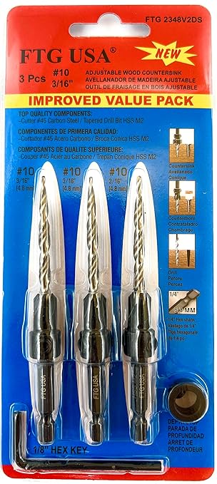 FTG USA Countersink Drill Bit Set for Wood with Tapered Drill Bit 3 Pc #10 (3/16")