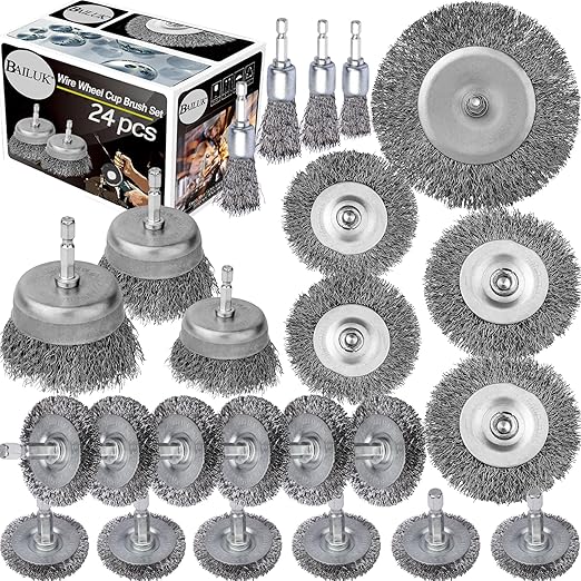 Wire Wheel Cup Brush Set,0.012-Inch Coarse Crimped Carbon Steel,Die Grinder Wire Brush for Drill,1/4In Hex Shank,Wire Drill Brush Set (24 Pack)