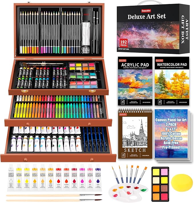 Soucolor 192-Pack Deluxe Art Set, Drawing Painting Kit, Wooden Case Gift | by Soucolor