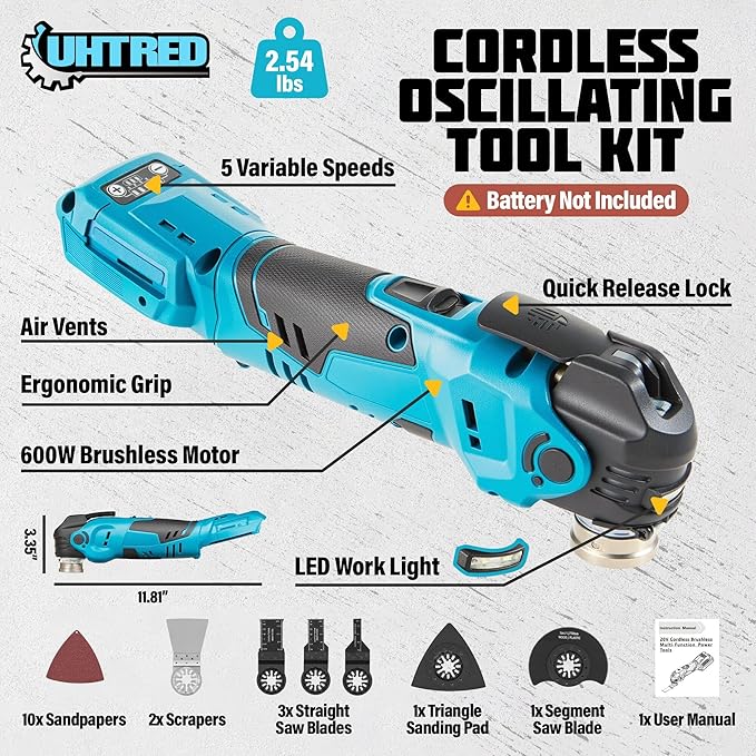 Updated Cordless Oscillating Multi-Tool, Brushless Oscillating Tool Kit, Max 22000 OPM 5 Variable Speed, 3.6° Oscillation Angle, Oscillating Saw for Cutting, Nailing, Scraping, Sanding (Tool Only)