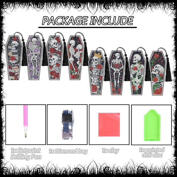 8 Pcs Gothic Skeleton Diamond Art Bookmarks Kit, Skull Halloween Diamond - Image 2