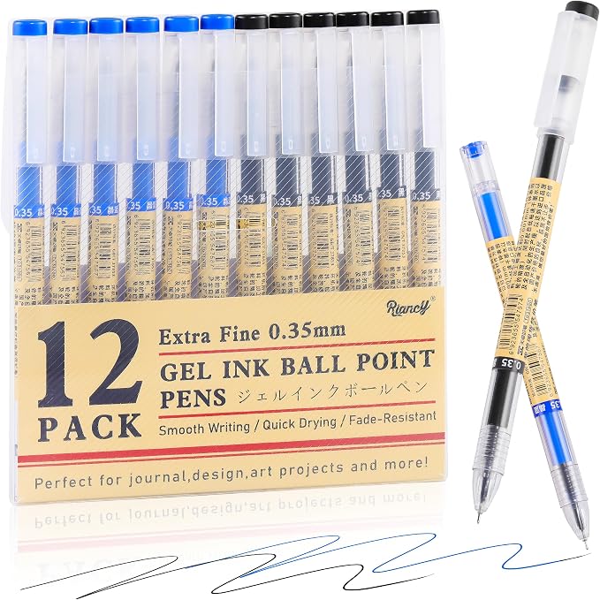 Japanese Style Black Blue Gel Ink Pens, 0.35mm Extra Fine Point, No Smudge by RIANCY