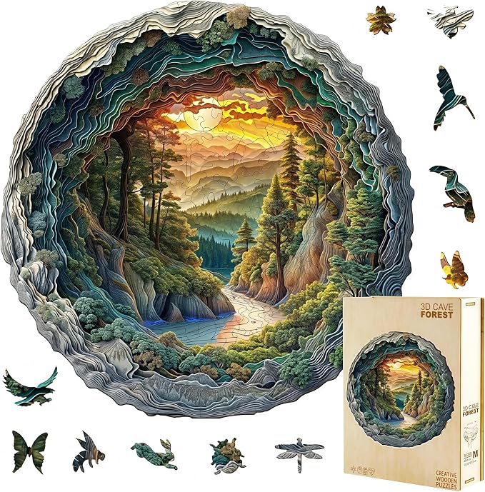 300 Pieces Wooden Puzzles, 3D Cave Forest Puzzle, Unique Animal Shaped Wood by Jollitot