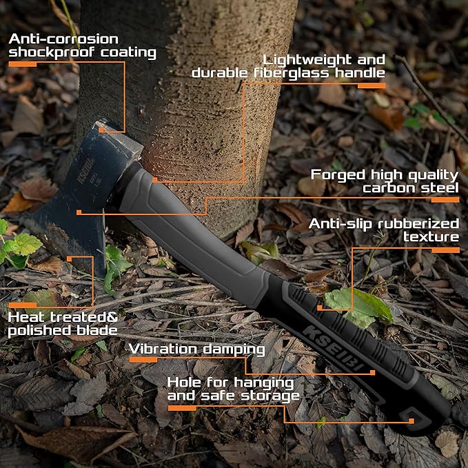 KSEIBI Wood Axe, 274151 Small Outdoor Camp Hatchet 14 Inch for Splitting and Kindling Wood, Forged Steel Blade with Anti-Slip and Shock Reduction Fiber Glasses Handle Great Throwing Axes and Hatchets