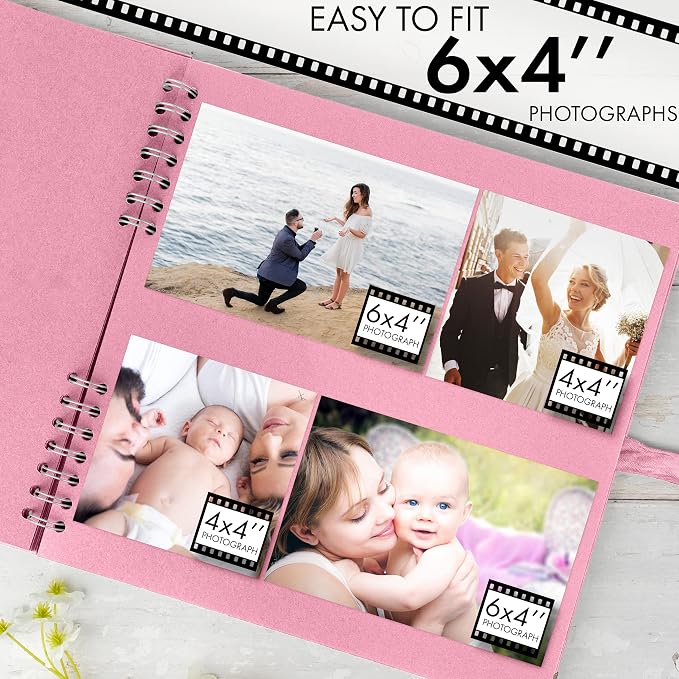 Bstorify Square Scrapbook Photo Albums 80 Pages Pink Thick Paper, Ribbon Closure - Image 4