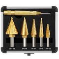 BeHappy Step Drill Bit Set, 5Pcs Titanium Step Drill Bit Set, High Speed Steel Step Drill Bits with Automatic Center Punch for Sheet Metal, Wood, Plastic, 50 Sizes with Aluminum Case for DIY