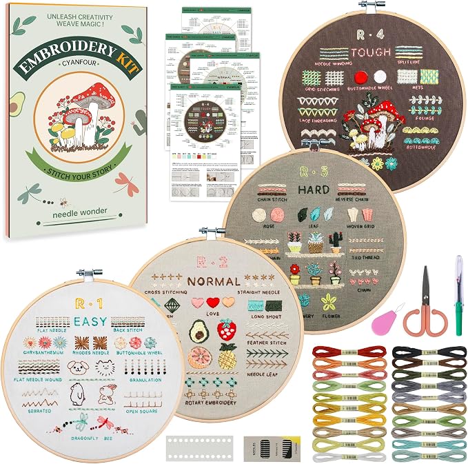 CYANFOUR Embroidery Kit for Beginners, 4 Stages to Learn 38 Stitches, by Cyanfour
