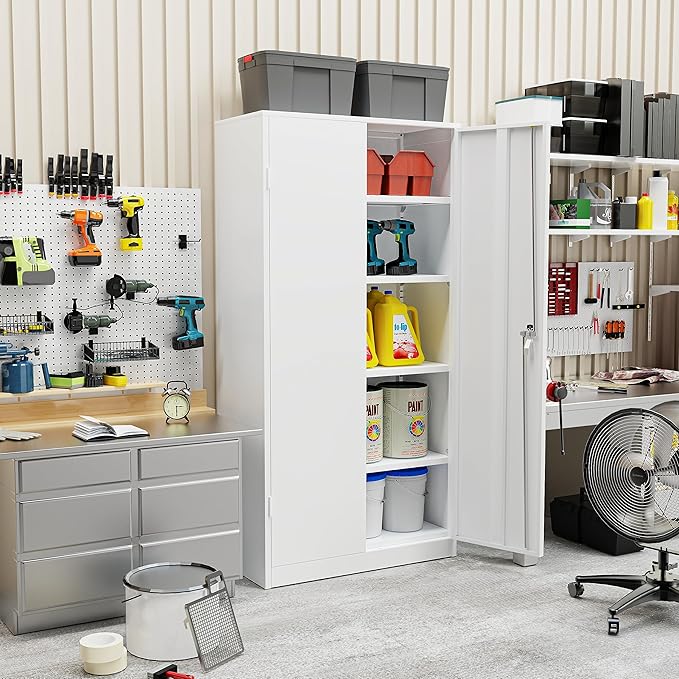 SUNCROWN 72" Metal Storage Cabinet - Heavy-Duty Metal Garage Cabinet with 4 Adjustable Shelves & 2 Doors for Tools, Office, Home, Workshop,White-Small