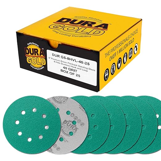 Dura-Gold Premium 40 Grit 5" Green Film Sanding Discs, 8-Hole Pattern, Box of 25 - Dustless Hook & Loop Backing Sandpaper for DA & Random Orbital Sanders, Sand Automotive Paint Woodworking Furniture