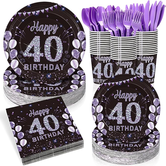 Pickmesh 400 Pcs 40th Birthday Party Supplies Purple Black Happy 40th Birthday by Pickmesh