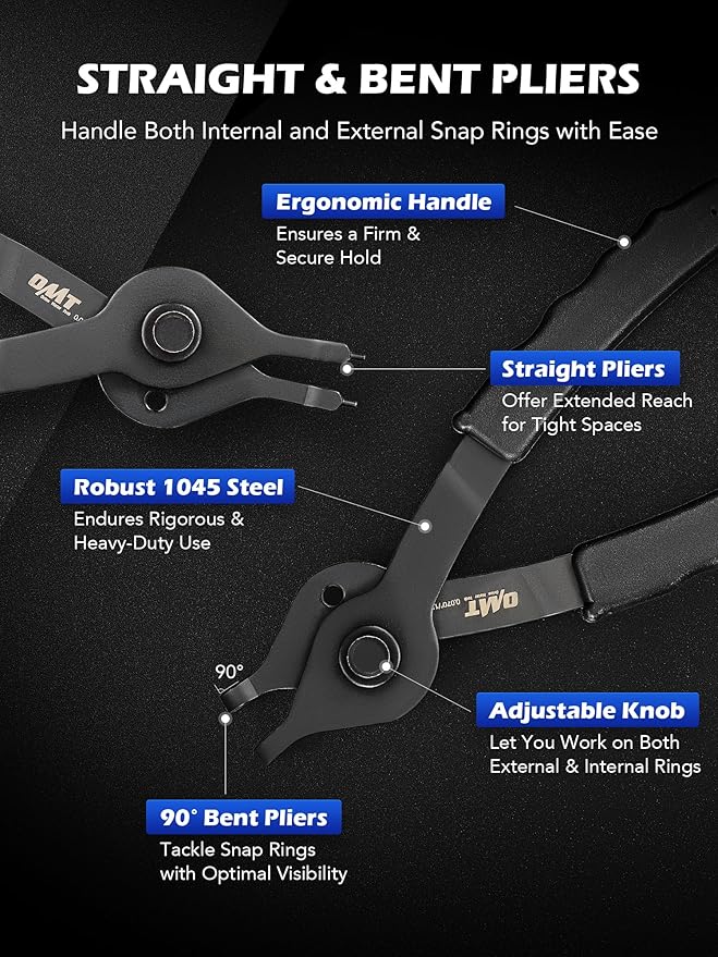 Orion Motor Tech 10pc Snap Ring Pliers Set, Internal & External Circlip Pliers With Bent & Straight Pliers, Hook Pick, Heavy Duty Removal Tool, Storage Case & Gloves