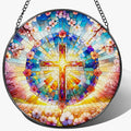 8 Inches Cross Stained Glass Suncatcher, Stained Glass Window Hanging, by Unknown