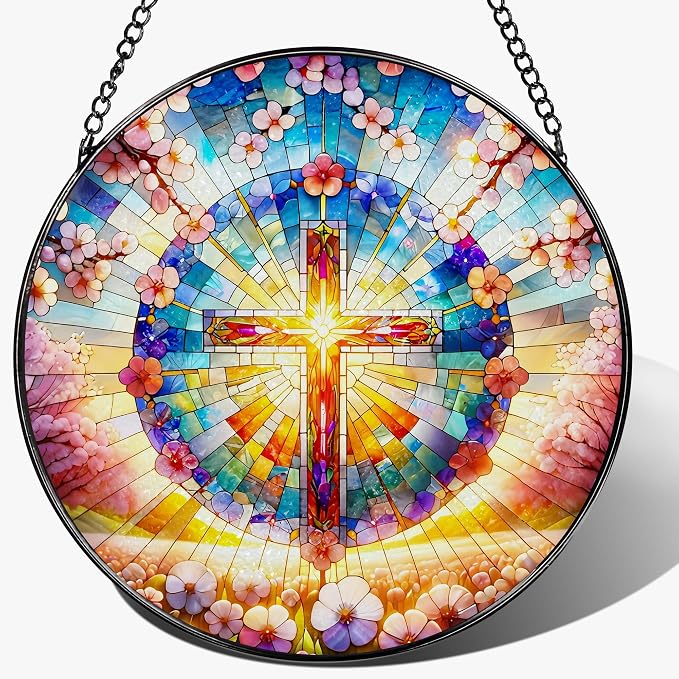 8 Inches Cross Stained Glass Suncatcher, Stained Glass Window Hanging, by Unknown