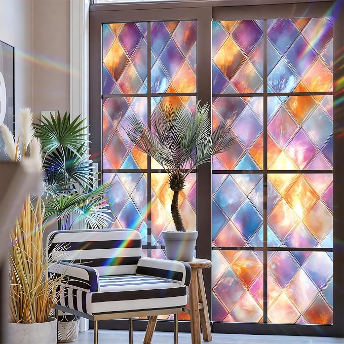 Stained Glass Window Privacy Film: Non-Adhesive Sun and Landscape Mosaic Design - Image 3