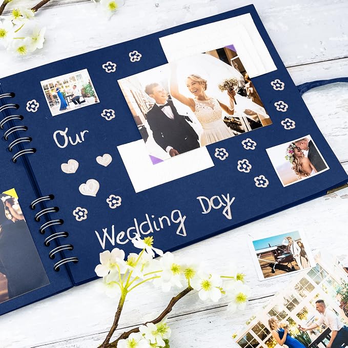 Bstorify Square Scrapbook Photo Albums 50 Pages Blue Thick Paper, Ribbon Closure - Image 7