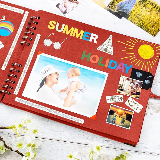 Bstorify Square Scrapbook Photo Albums 50 Pages Red Thick Paper, Ribbon Closure - Image 5