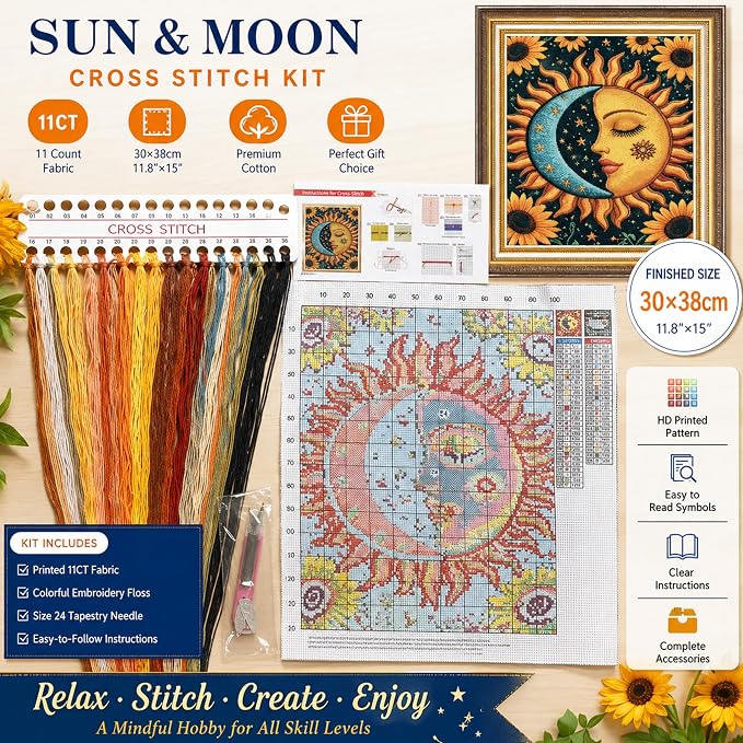 WYBQFDJ Sunflower Sun & Moon Beginner Cross Stitch Kit, 11.8 x 15 in | - Image 2