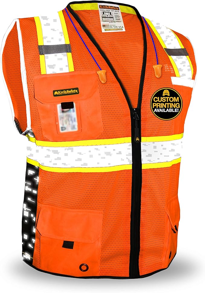 KwikSafety - BIG KAHUNA DIGITAL Safety Vest [LIMITED EDITION] Class 2 ANSI OSHA Reflective Vest Durable High Visibility Vest Construction Safety Vest for Men Industrial Work Gear/Orange 3XL