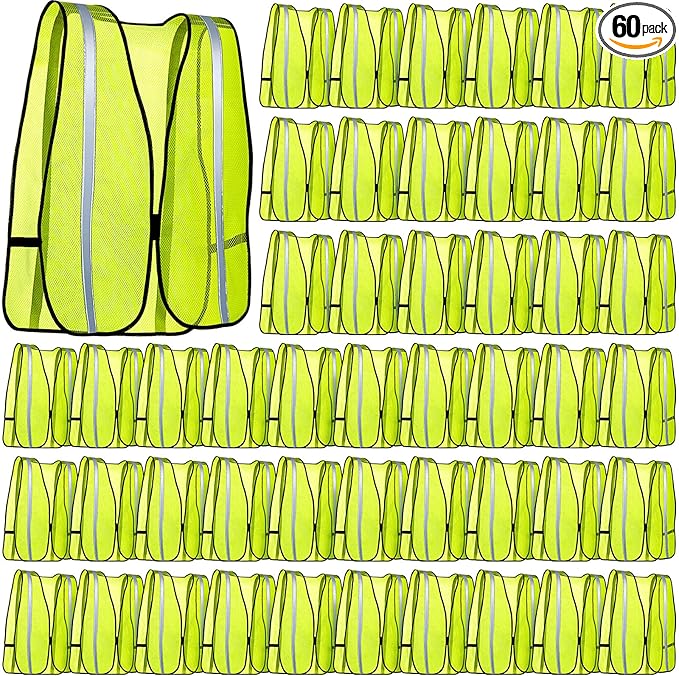 Jecery 60 Packs High Visibility Vest Safety Reflective Hi Visibility Mesh Vest Lightweight Neon Universal Size for Men Work Outdoor (M)