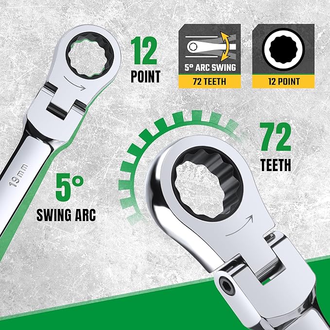 SK Flex-Head Ratcheting Wrench Set, Combination Wrench Set, 14-Piece, SAE 3/8" to 3/4", Metric 10 to 19mm, 72-Tooth, Premium CR-V Construction, with Rolling Pouch
