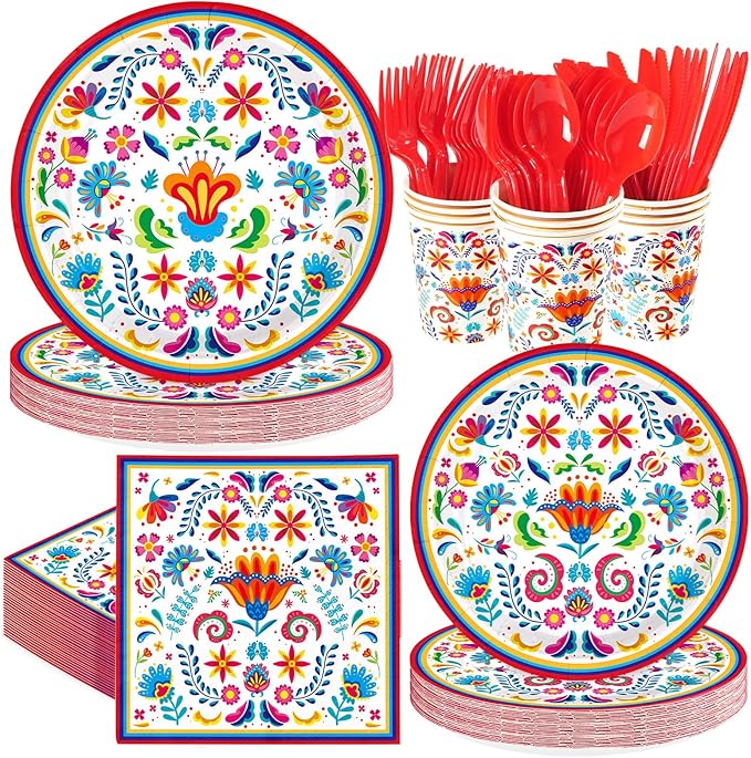 168Pcs Mexican Fiesta Party Decorations, Serves 24 | Mexican Floral Plates and by Greencian