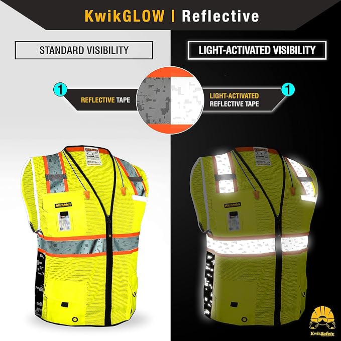 KwikSafety - BIG KAHUNA DIGITAL Safety Vest [LIMITED EDITION] Class 2 ANSI OSHA Reflective Vest Durable High Visibility Vest Construction Safety Vest for Men Industrial Work Gear/Yellow Large