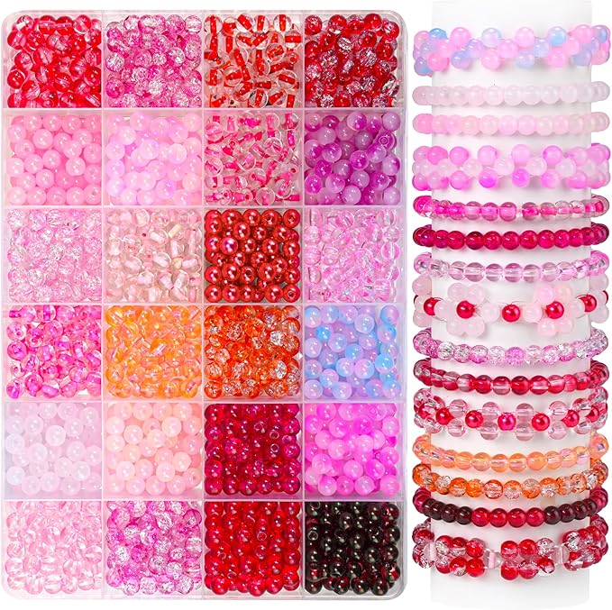 1200PCS 6mm Pink Glass Beads for Bracelets, 24 Colors Red and Pink Series by Sistenia