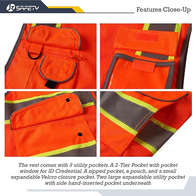 JKSafety 9 Pockets Hi-Vis Reflective Safety Vest | Mesh Fabric | Fluorescent Orange Color with Neon Yellow Extended Trims | ANSI/ISEA Compliance (100-Orange, 3XL)