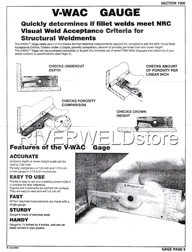 RIVERWELD V-WAC Single Weld Gage Welding Inspection Thread Gauge Checks 1/4 Inch Undercuts Pits Crown Height Porosity Pits