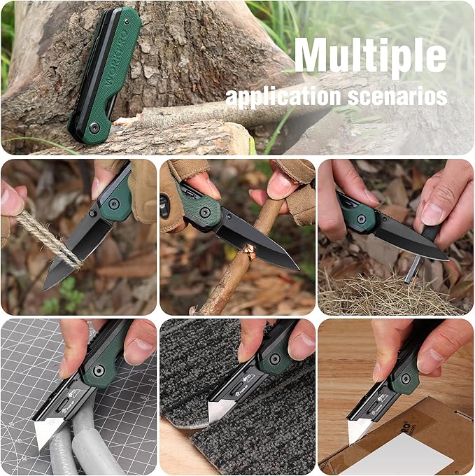 WORKPRO 2-in-1 Folding Knife/Utility Knife, Quick-Change Box Cutter with Belt Clip, Liner Lock, and G10 Handle, Extra 10 SK5 Blades Included, Green