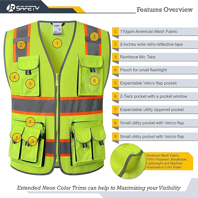 JKSafety 10 Pockets Hi-Vis Neon Color Frontal Zipper Mesh Safety Vest for Men Women Safety Utility for works Comply to ANSI/ISEA Class 2 (86-Yellow M)