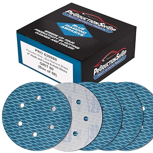 Premium 80 Grit 6" Rhombus Diamond Shape Blue Sanding Discs, 6-Hole, Box of 50 - Hook & Loop Anti-Clogging J-Cloth Dustless Sandpaper for Random Orbital Sanders, Sand Auto Paint, Wood