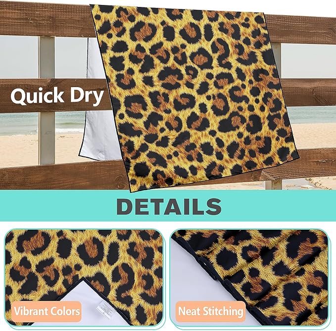 Leopard Print Beach Towel Oversized 36" x 72", Thin Lightweight Sand Free Quick Dry Microfiber Towel for Swimming Pool Cruise Camping Travel