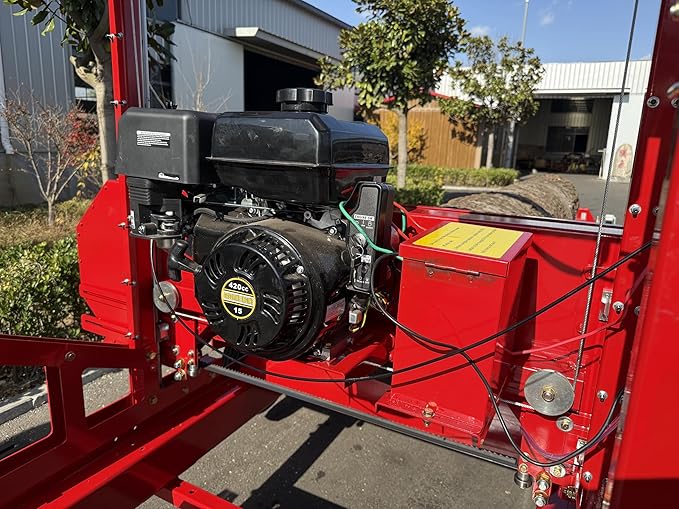 15HP Portable Sawmill - 420cc Gas Engine, 32” x 188.74” Cutting Capacity, 12-8 High Speed Tire, 8 jacks, Heavy-Duty Steel, 2 safety hooks, Quick-Adjust Sawhead - Ideal for Home, Farm & Business