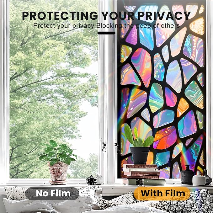 Stained Glass Window Privacy Film: Non-Adhesive Sun and Landscape Mosaic Design - Image 5