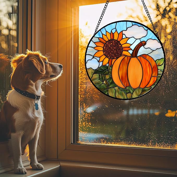 DASTOLL Stained Glass Window Hanging Fall Farm Scenery Sunflower Pumpkin Large - Image 3
